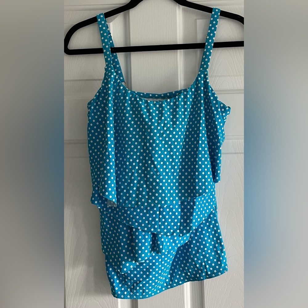 Tankini Bathing Suit Top COCO REEF Blue & White Polka Dots Bra Size 34DD VGC!